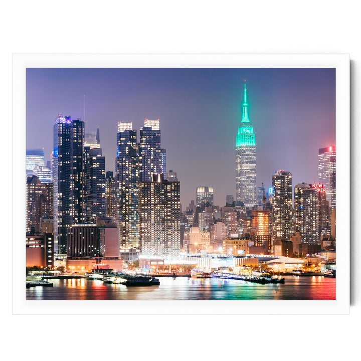New York Skyline at Night – fine art print in a white frame, no mat