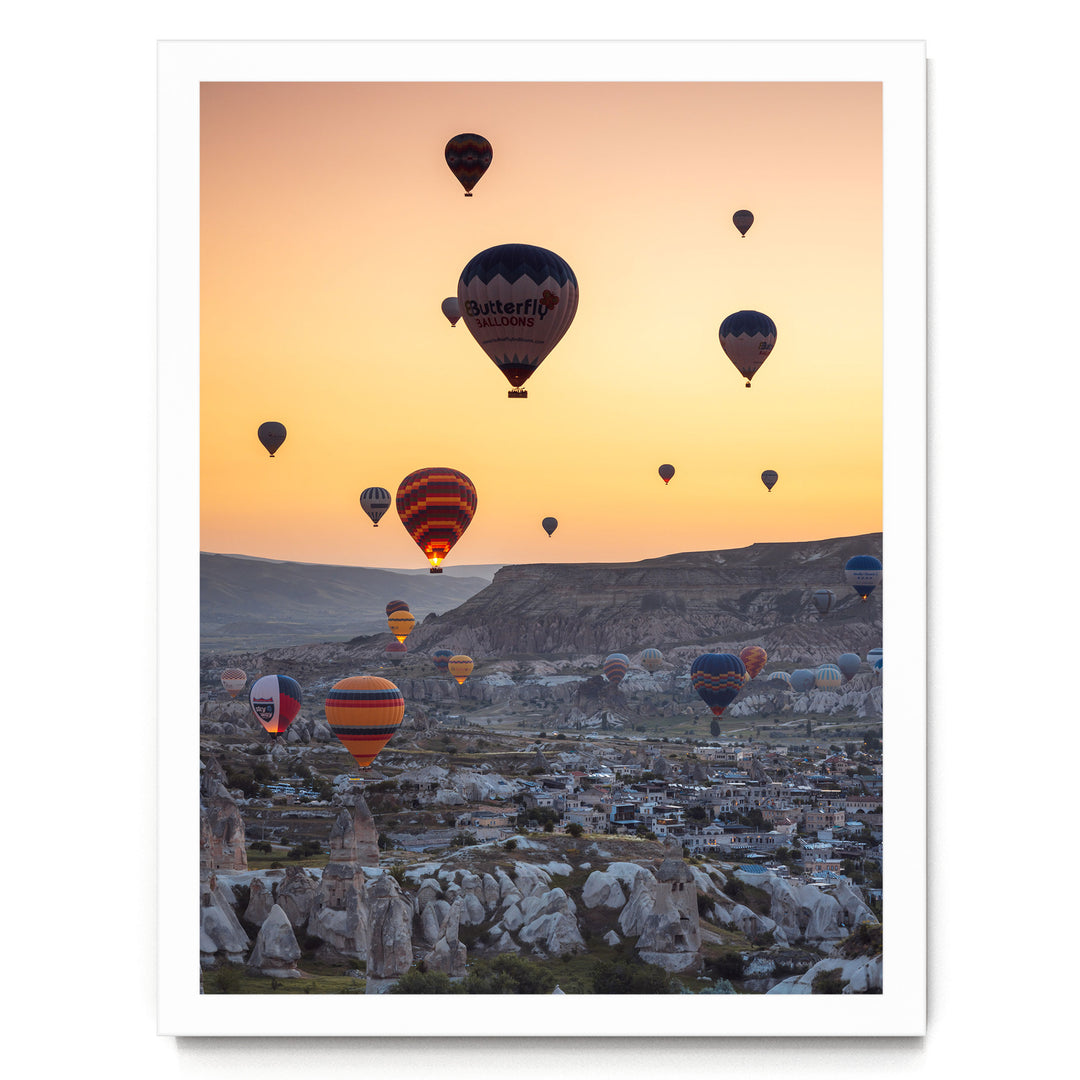Hot Air Balloons over Cappadocia I, Turkey – fine art print in a white frame, no mat