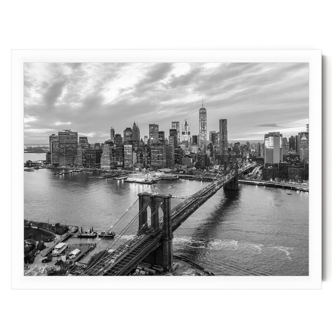 Manhattan and Brooklyn Bridge, New York City – B&amp;W – fine art print in a white frame, no mat