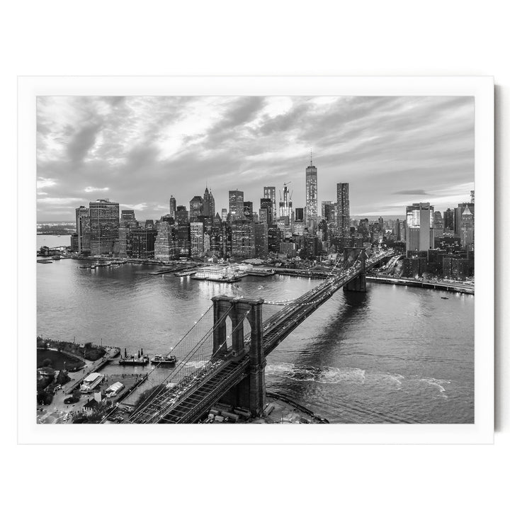 Manhattan and Brooklyn Bridge, New York City – B&amp;W – fine art print in a white frame, no mat