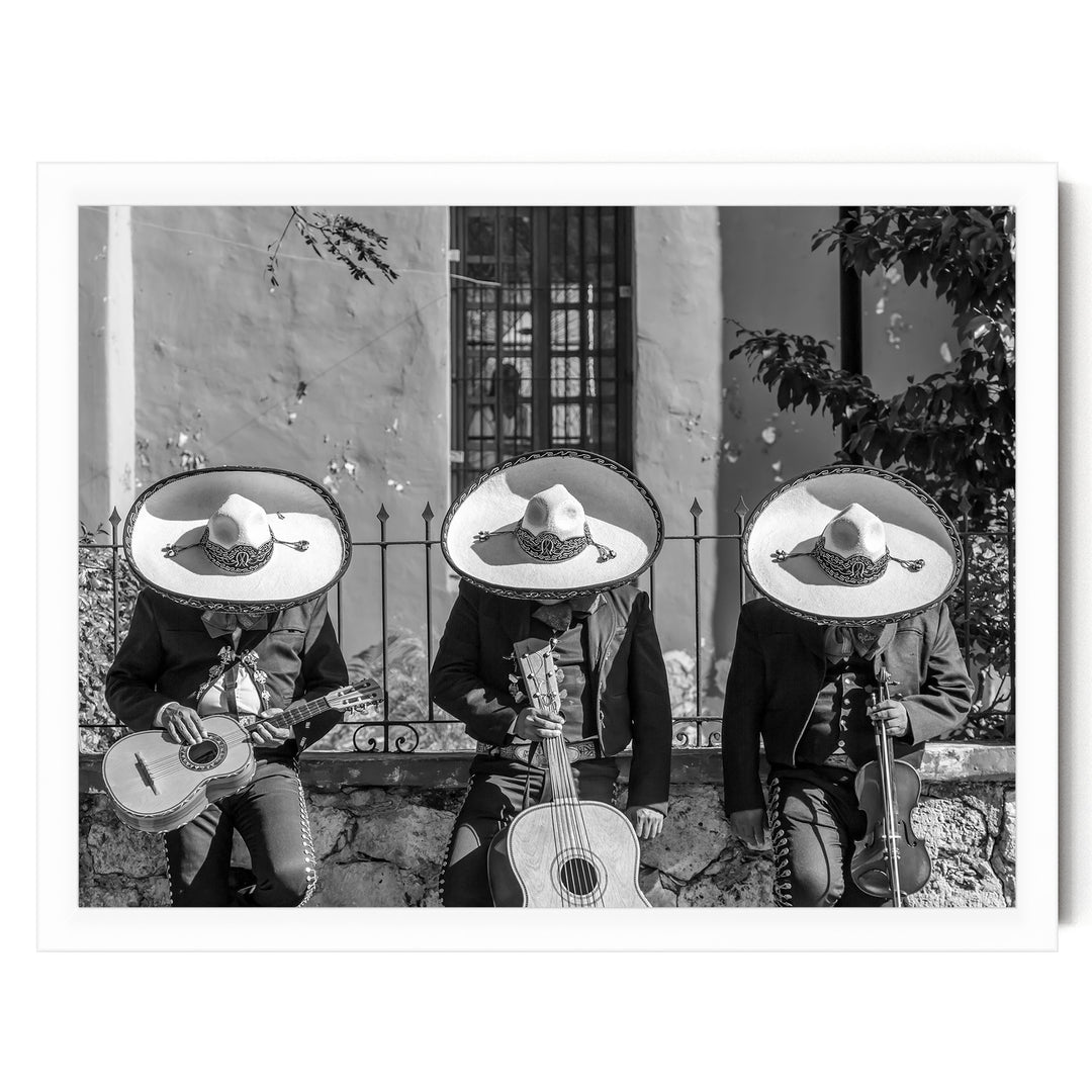 Mariachis Siesta, Yucatan, Mexico – B&amp;W – fine art print in a white frame, no mat