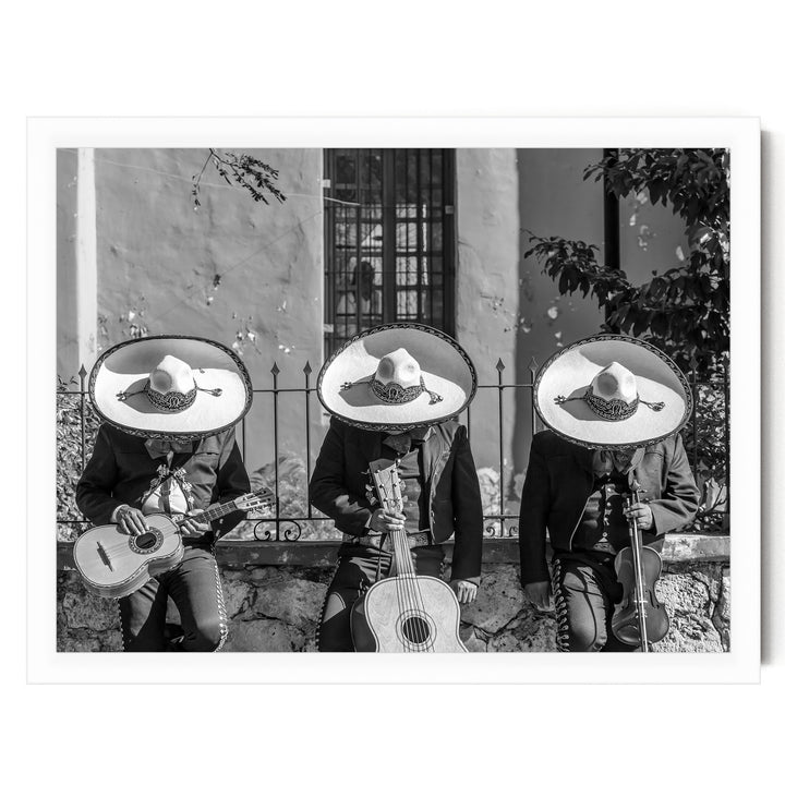 Mariachis Siesta, Yucatan, Mexico – B&amp;W – fine art print in a white frame, no mat