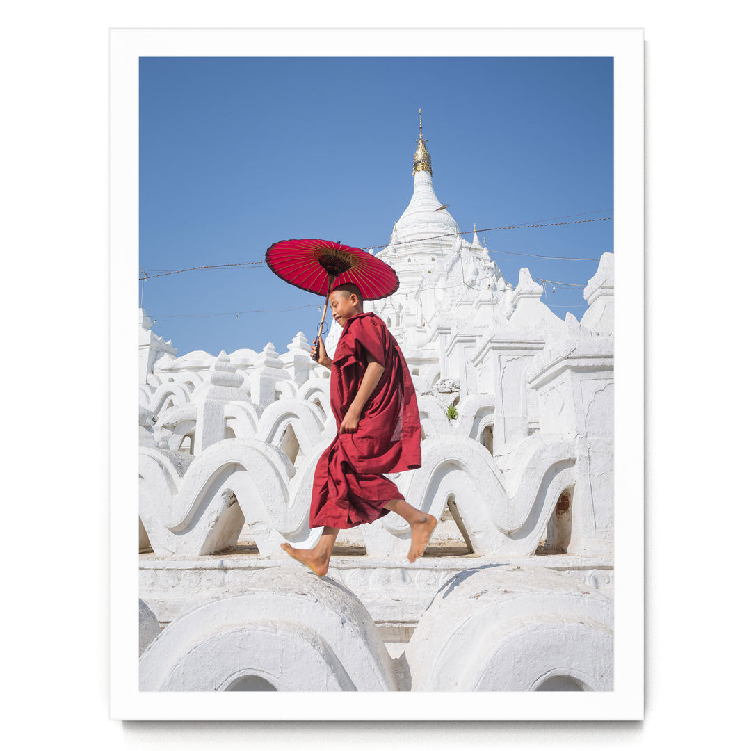 Novice Monk at the Temple, Myanmar – fine art print in a white frame, no mat