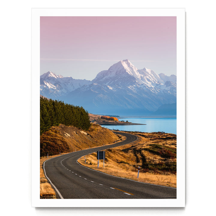 The Road to Mount Cook, New Zealand – fine art print in a white frame, no mat