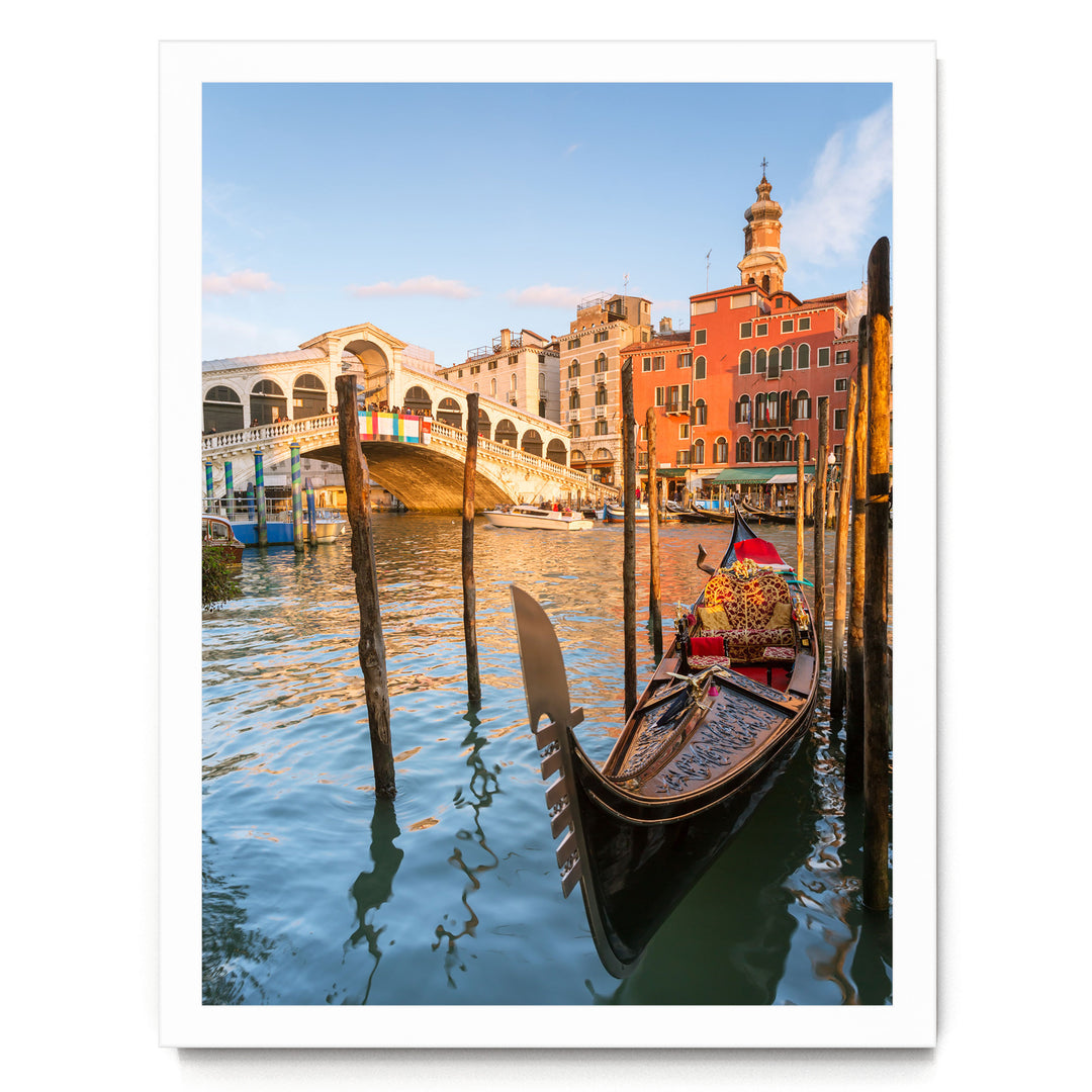 Gondola at the Rialto, Venice, Italy – fine art print in a white frame, no mat