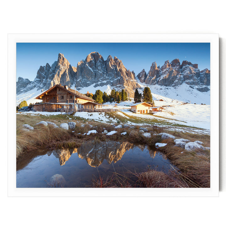 Mountain Hut, Dolomites, Italy – fine art print in a white frame, no mat