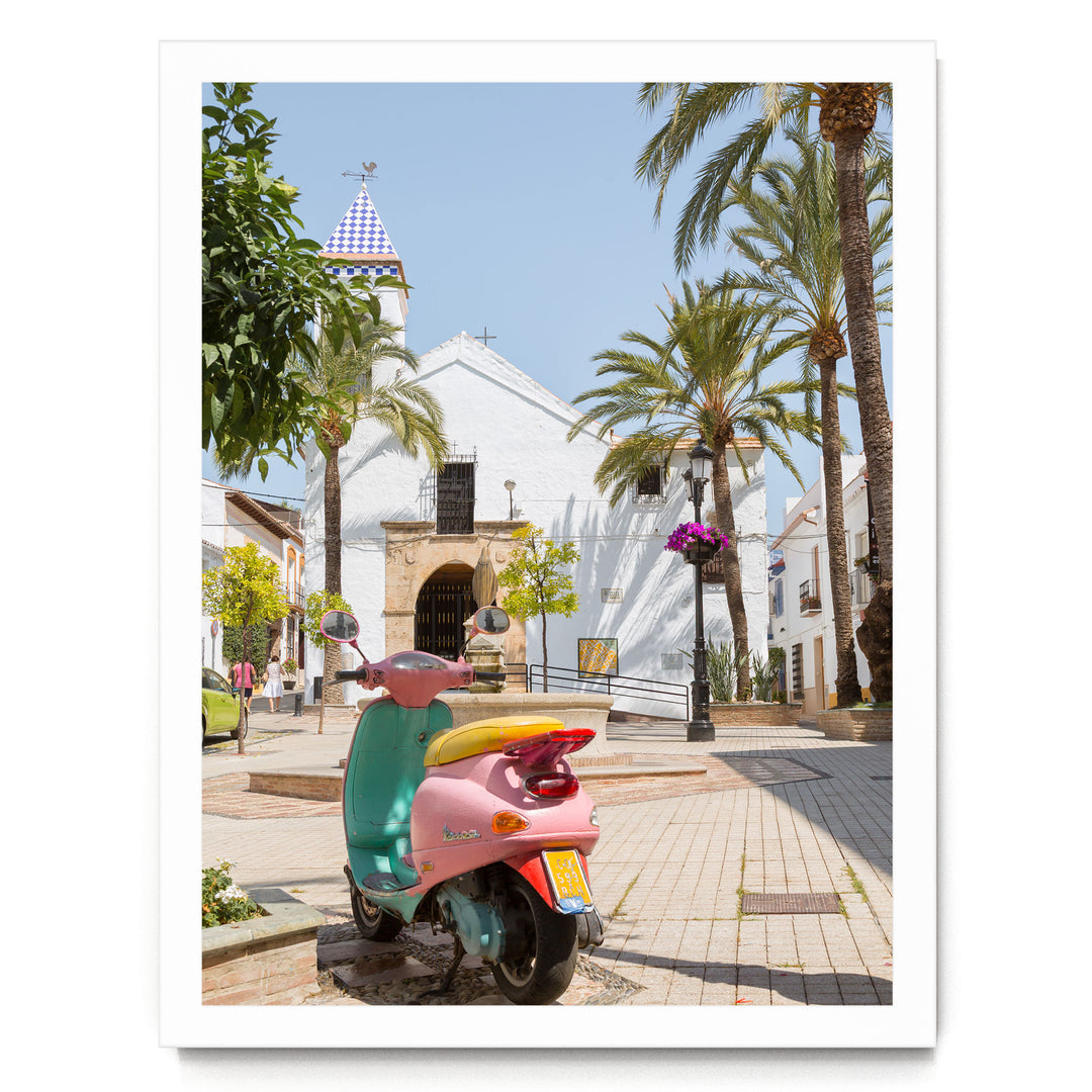 Colourful Vespa, Marbella, Spain – fine art print in a white frame, no mat