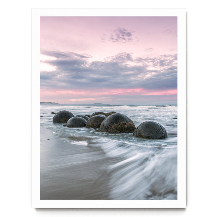 Moeraki Boulders II, New Zealand – fine art print in a white frame, no mat