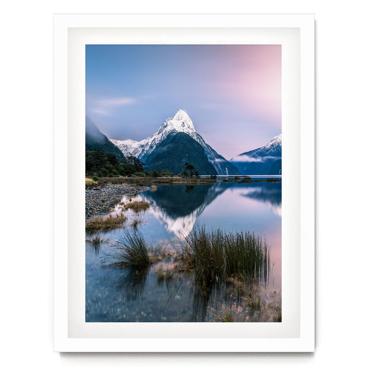Milford Sound II, New Zealand – fine art print in a white frame with white mat