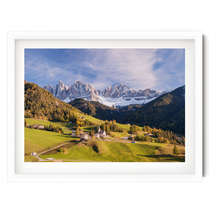 Funes Valley, Dolomites, Italy – fine art print in a white frame with white mat