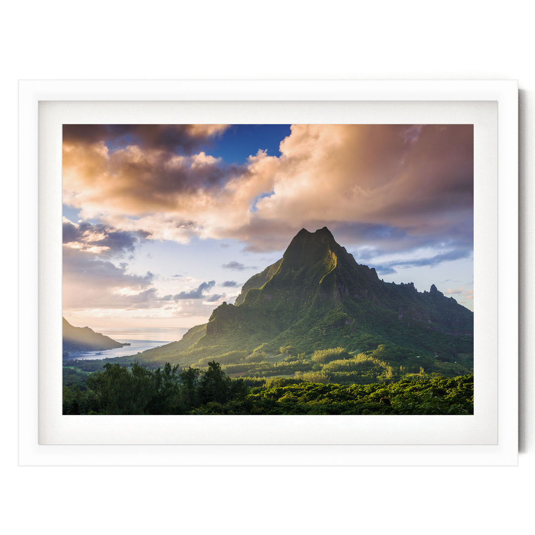 Moorea at Sunset, French Polynesia – fine art print in a white frame with white mat