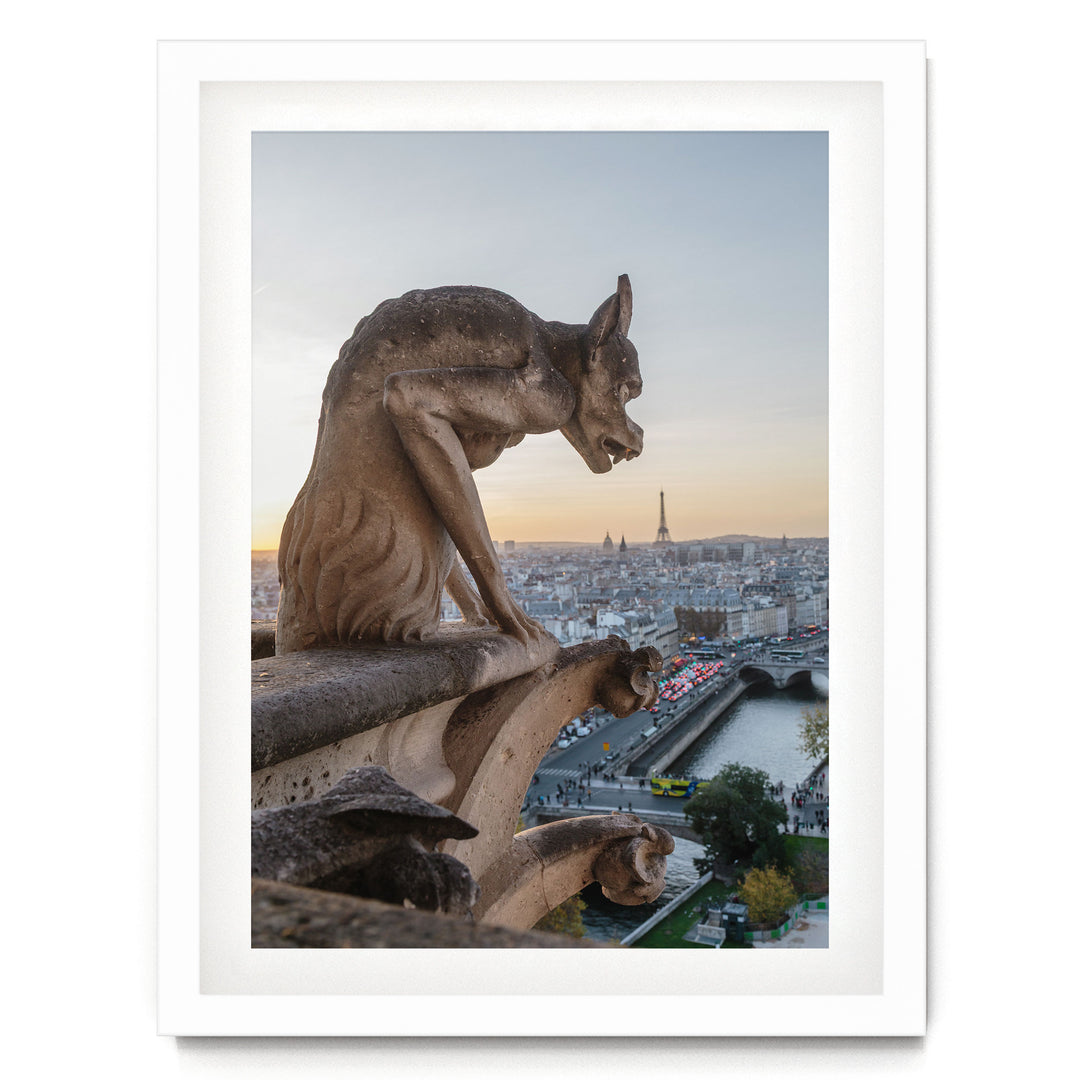 Notre-Dame Gargoyle, Paris, France – fine art print in a white frame with white mat