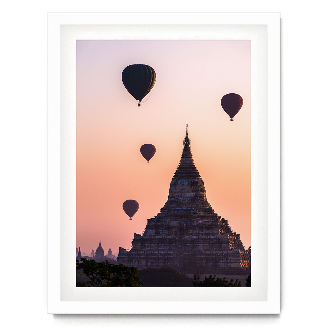 Balloons Flying over Bagan I, Myanmar – fine art print in a white frame with white mat
