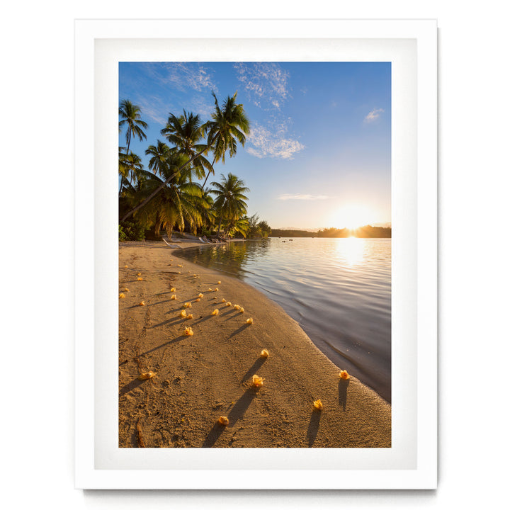 Beach Sunset, French Polynesia – fine art print in a white frame with white mat