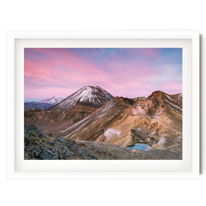 Tongariro Crossing, New Zealand – fine art print in a white frame with white mat