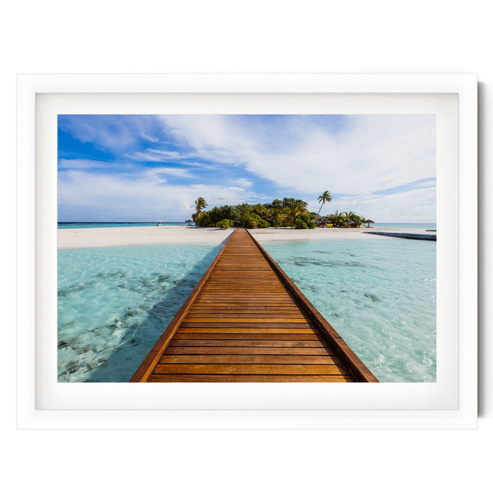 Jetty to the Island, Maldives – fine art print in a white frame with white mat