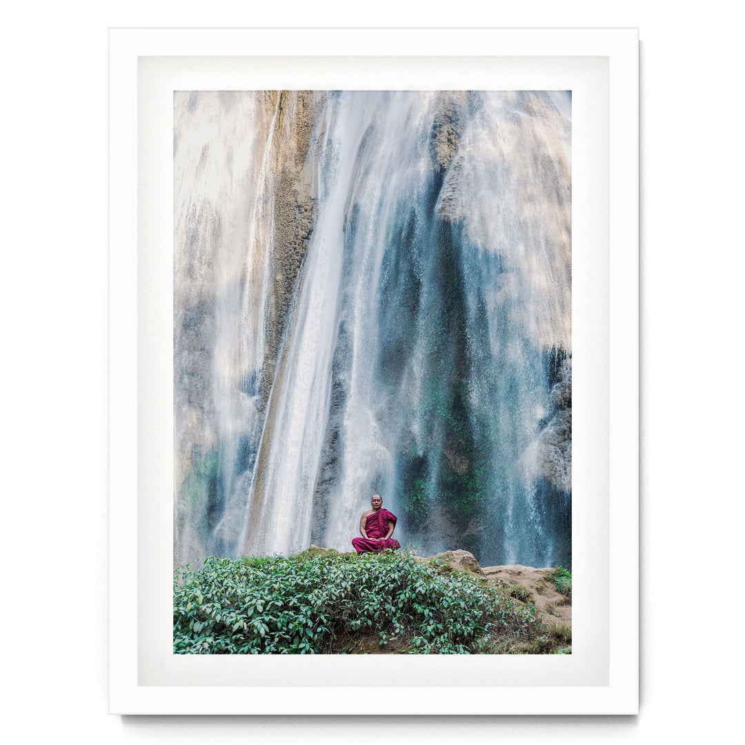 Meditation under the Waterfall, Myanmar – fine art print in a white frame with white mat