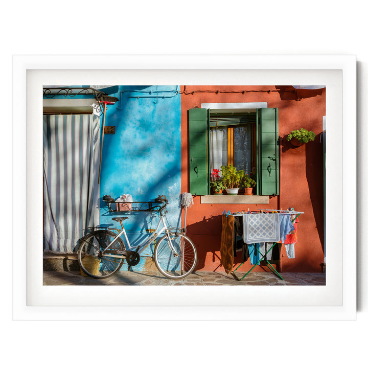 Colourful Burano, Venice, Italy – fine art print in a white frame with white mat
