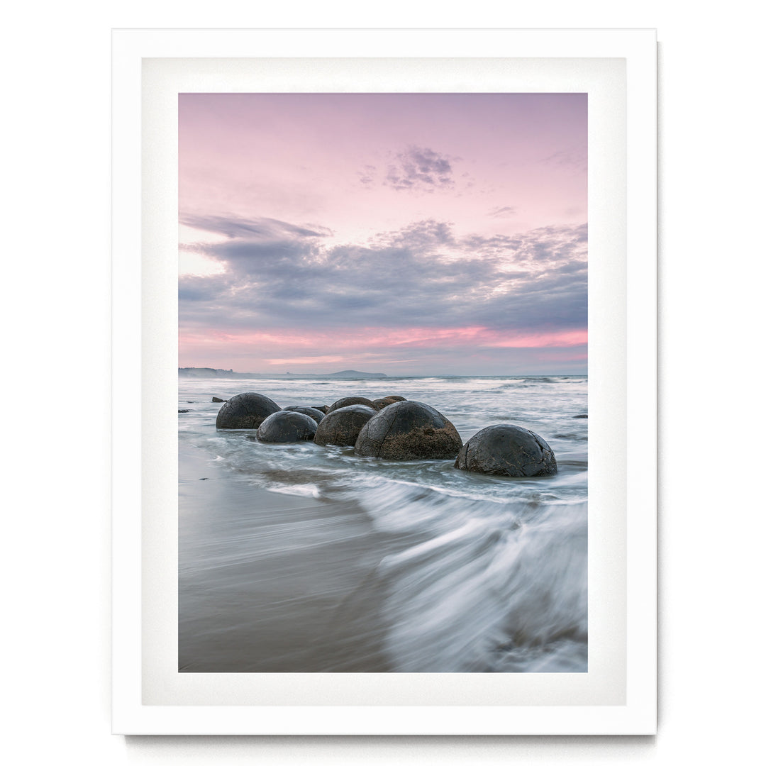 Moeraki Boulders II, New Zealand – fine art print in a white frame with white mat