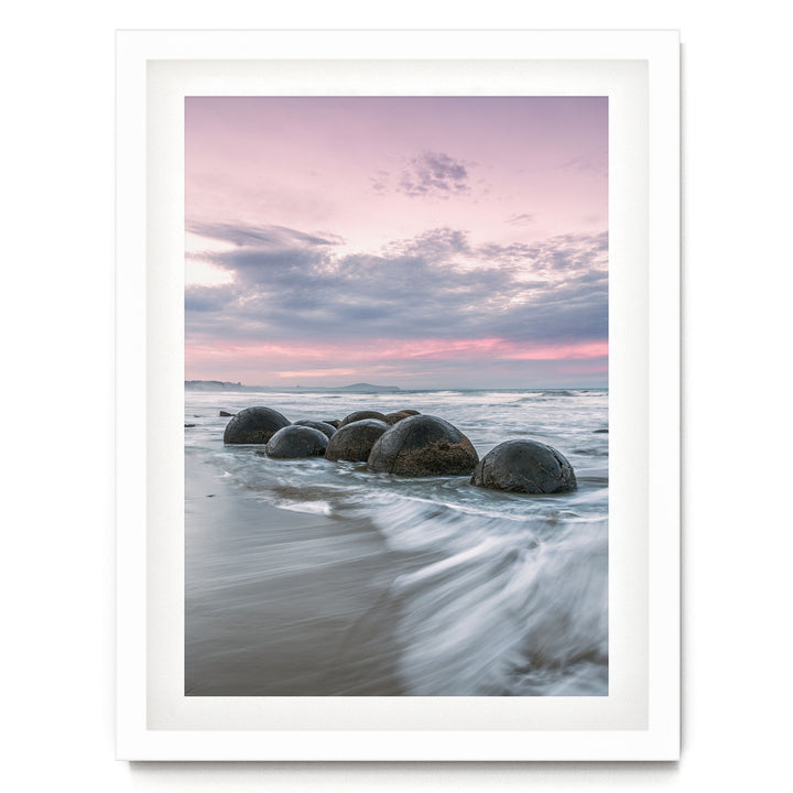 Moeraki Boulders II, New Zealand – fine art print in a white frame with white mat