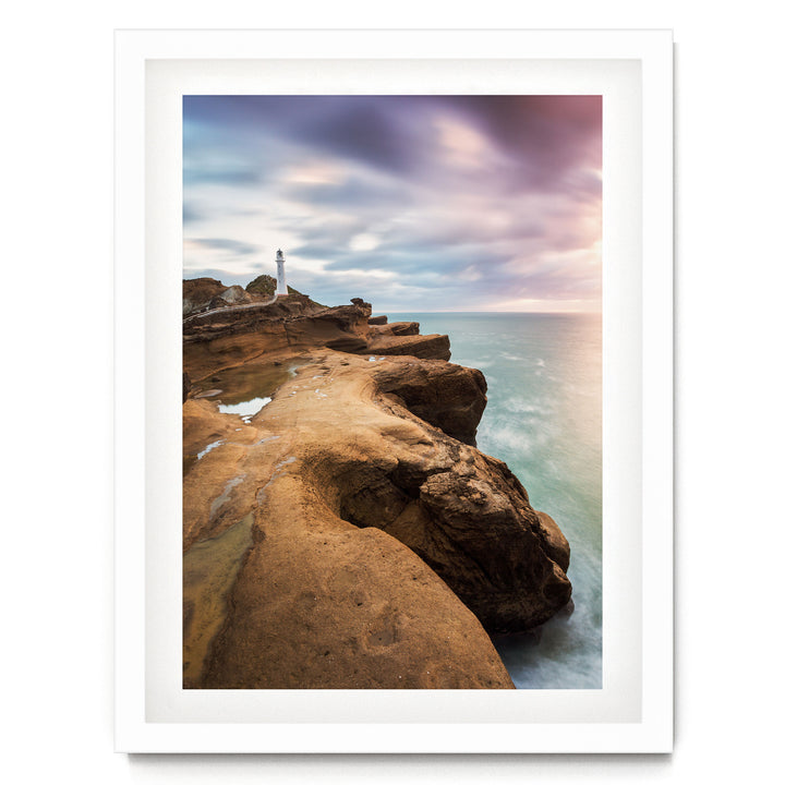 Castle Point Lighthouse, New Zealand – fine art print in a white frame with white mat