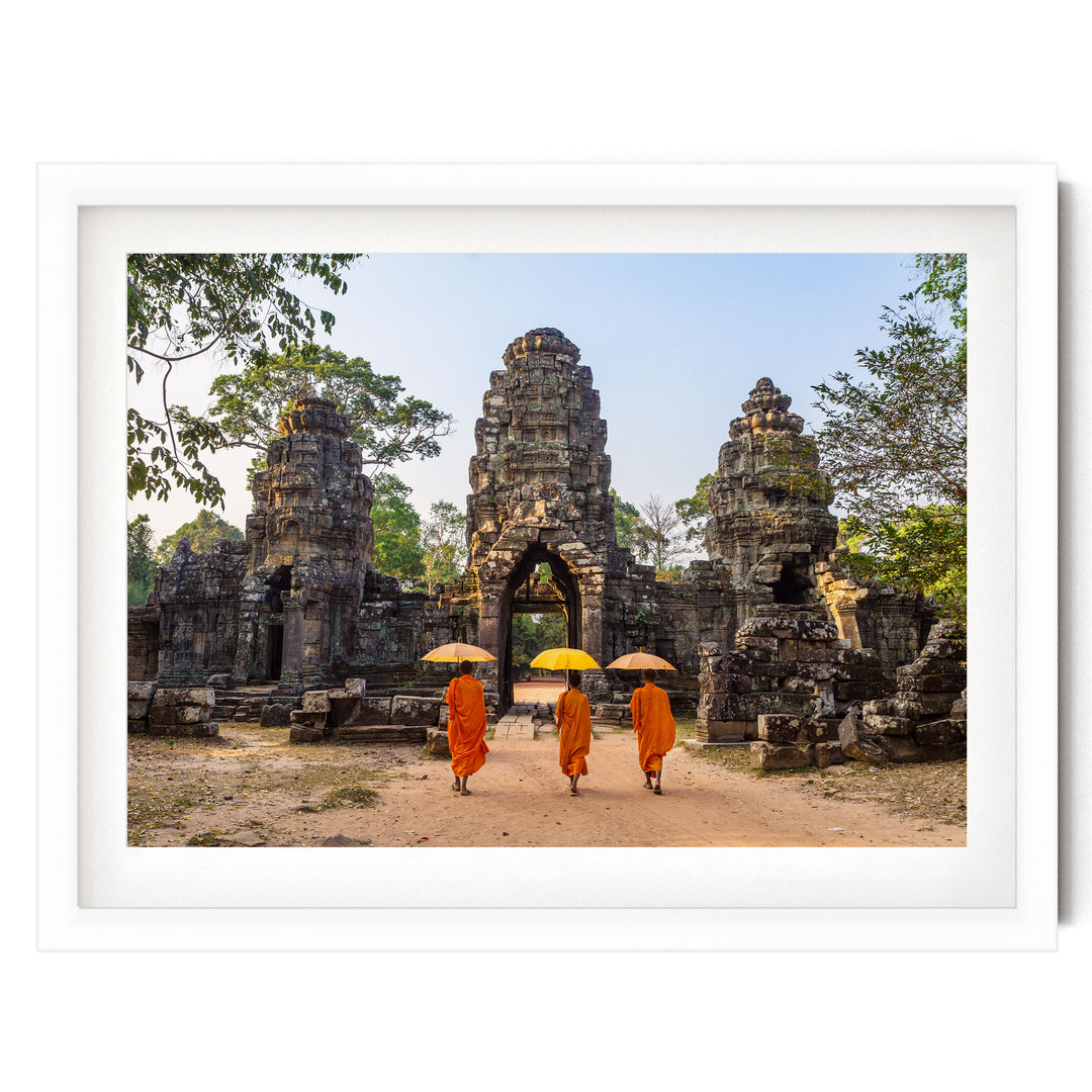 Monks at Angkor Wat, Cambodia – fine art print in a white frame with white mat