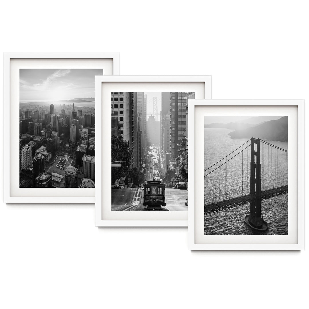 San Francisco, California – Black and White Print Set – fine art print set in white frames with white mats