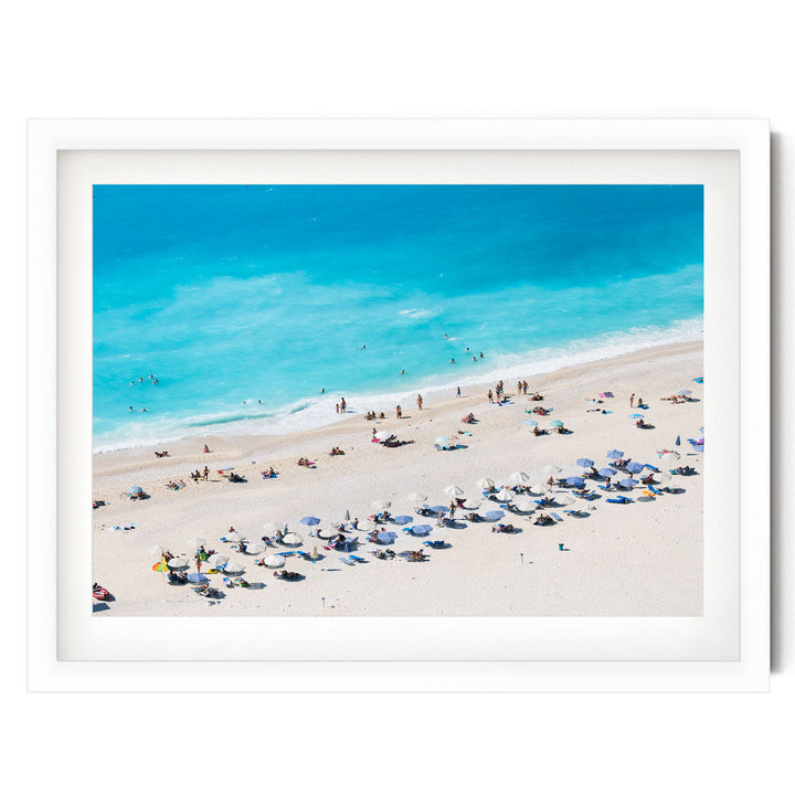 Beach Aerial, Greece I – fine art print in a white frame with white mat