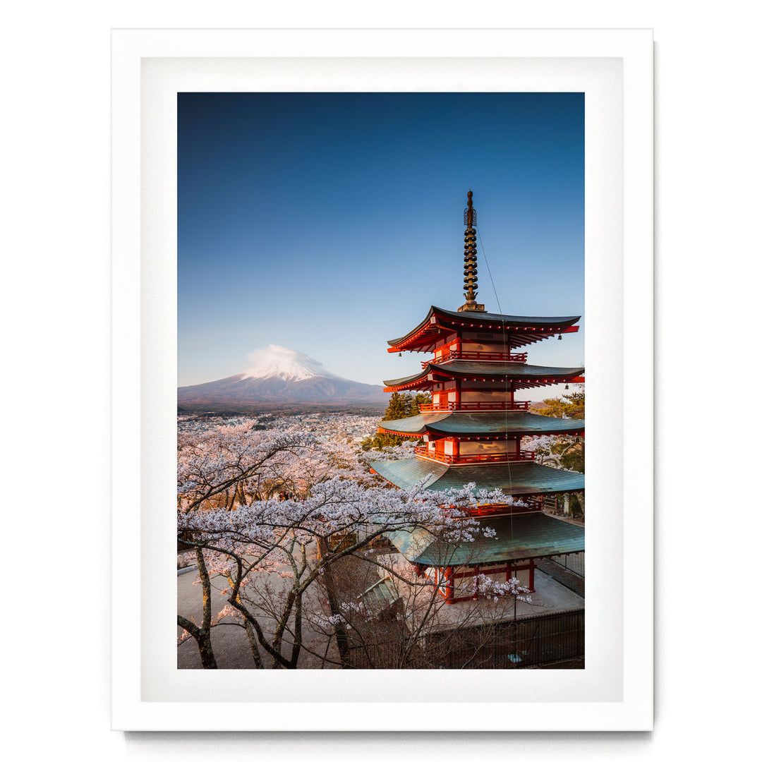 Pagoda and Mount Fuji II, Japan – fine art print in a white frame with white mat