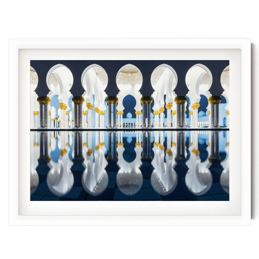 Mosque at Night, Abu Dhabi, UAE – fine art print in a white frame with white mat
