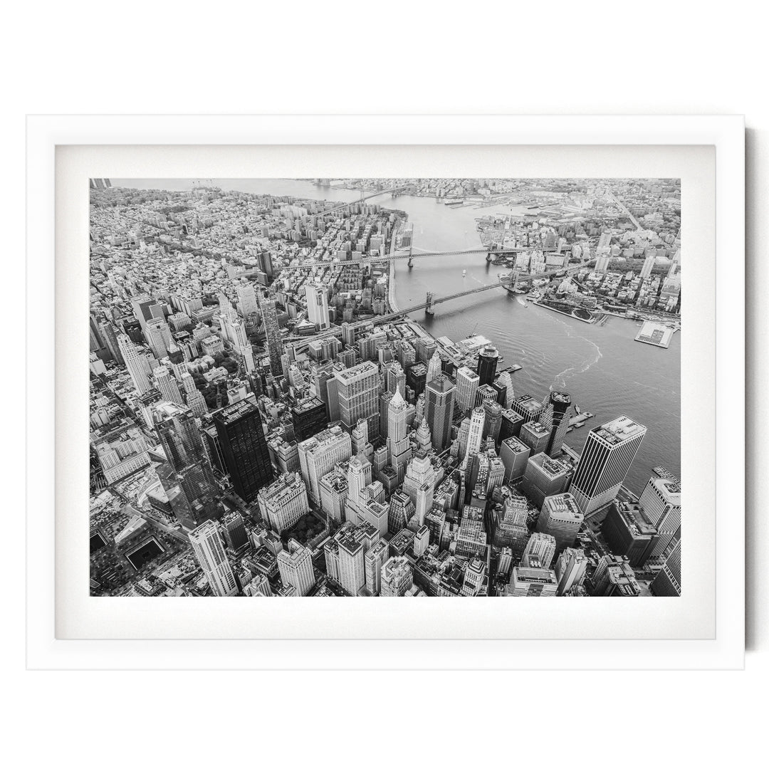 Flying over Manhattan, New York City – fine art print in a white frame with white mat