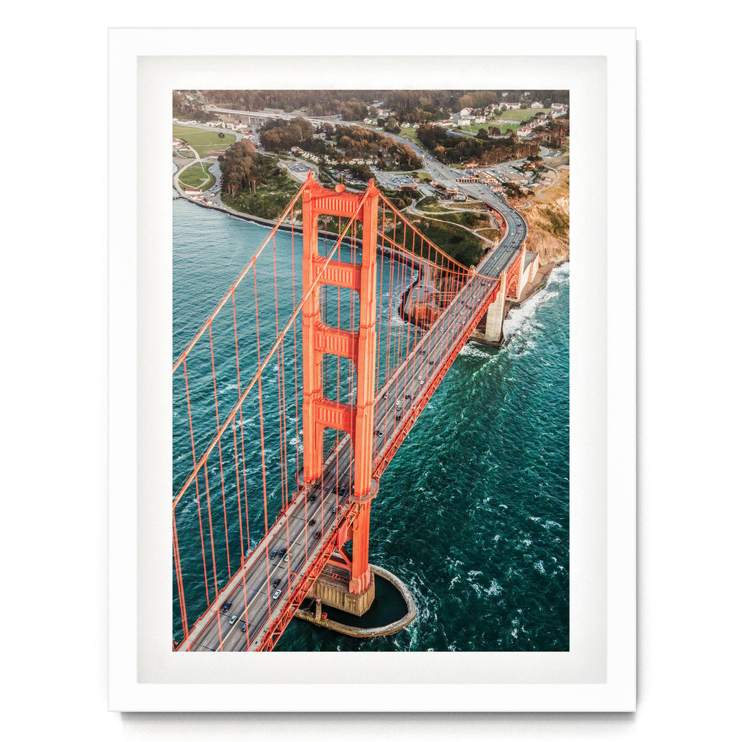 Flying over the Golden Gate Bridge I, San Francisco – fine art print in a white frame with white mat
