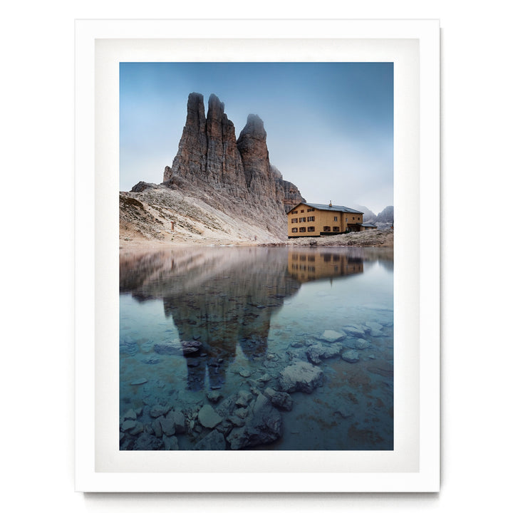 Vajolet Towers, Dolomites, Italy – fine art print in a white frame with white mat