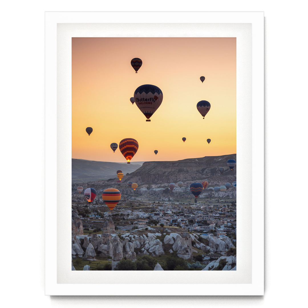 Hot Air Balloons over Cappadocia I, Turkey – fine art print in a white frame with white mat