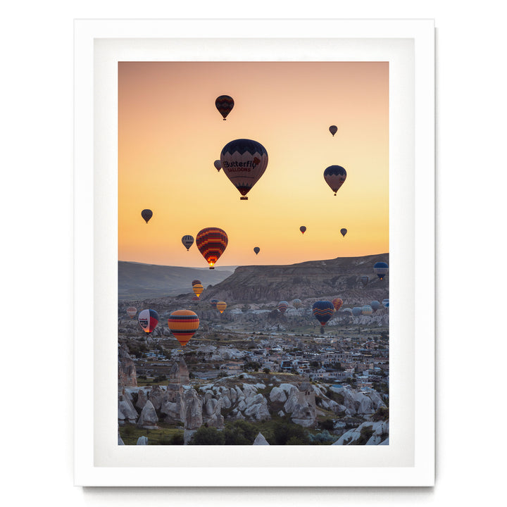 Hot Air Balloons over Cappadocia I, Turkey – fine art print in a white frame with white mat