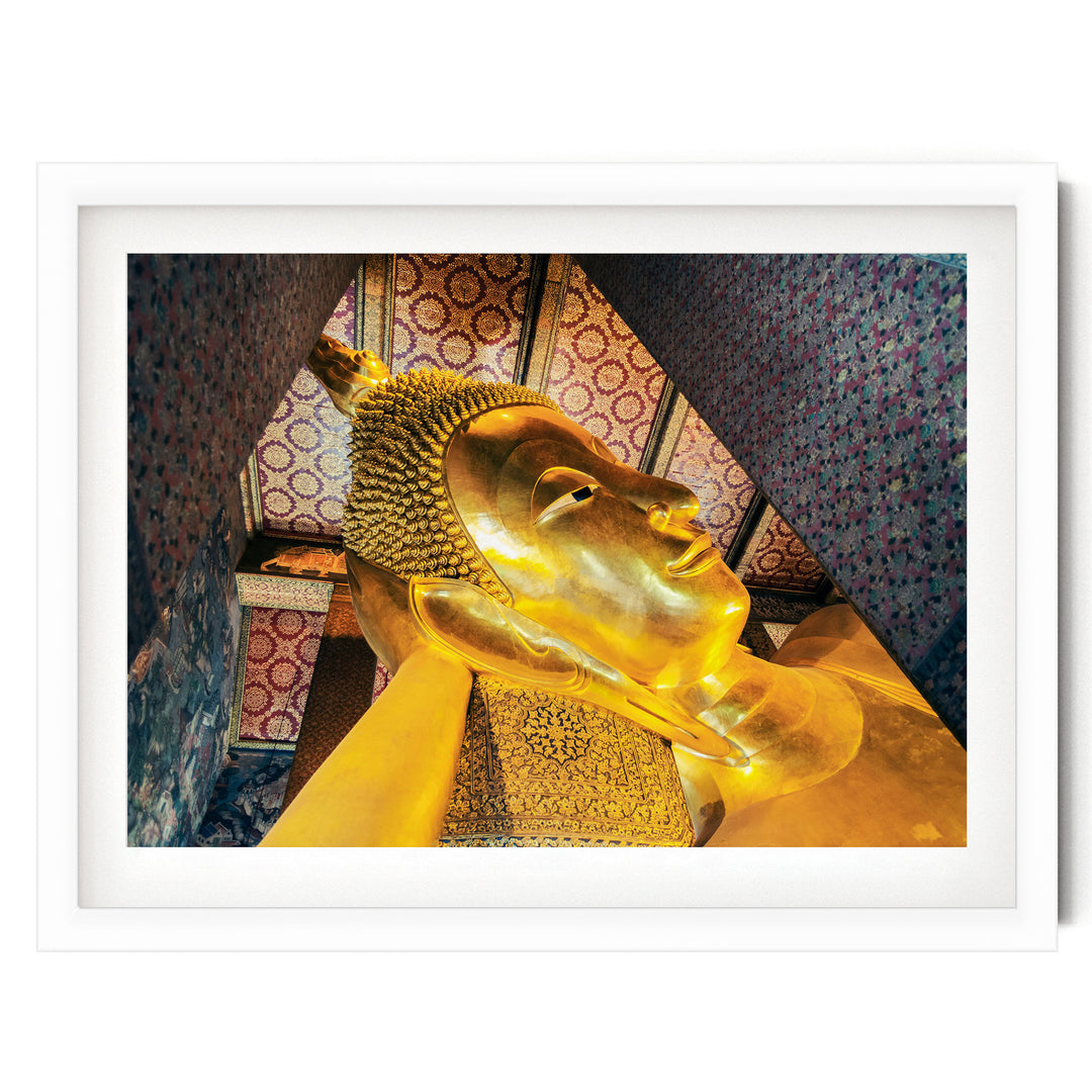 Reclining Buddha, Bangkok, Thailand – fine art print in a white frame with white mat