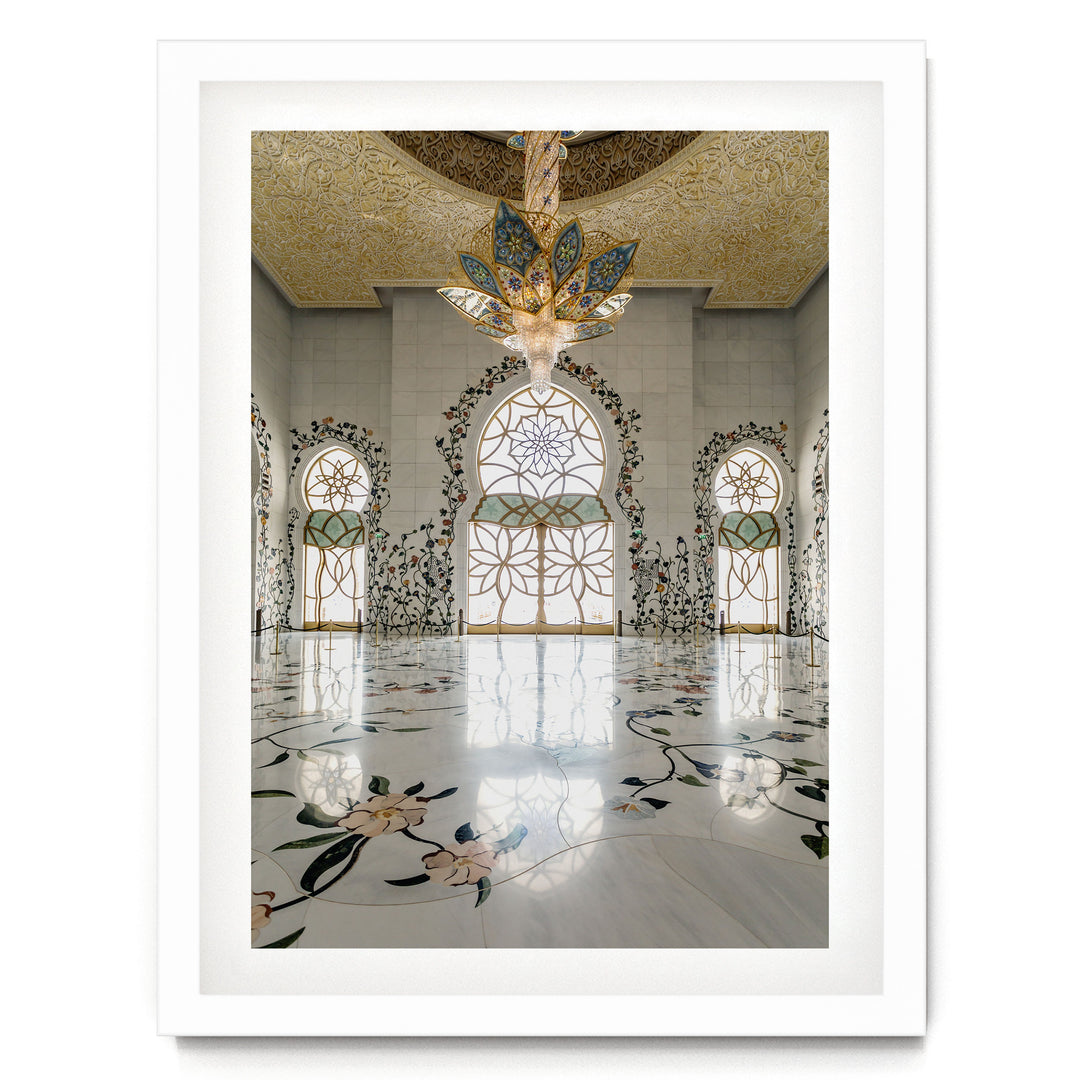 Grand Mosque Interior, Abu Dhabi, UAE – fine art print in a white frame with white mat