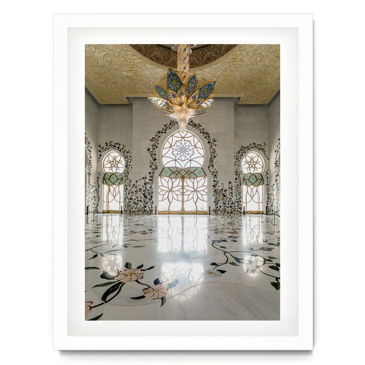 Grand Mosque Interior, Abu Dhabi, UAE – fine art print in a white frame with white mat