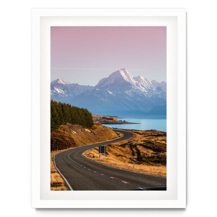 The Road to Mount Cook, New Zealand – fine art print in a white frame with white mat