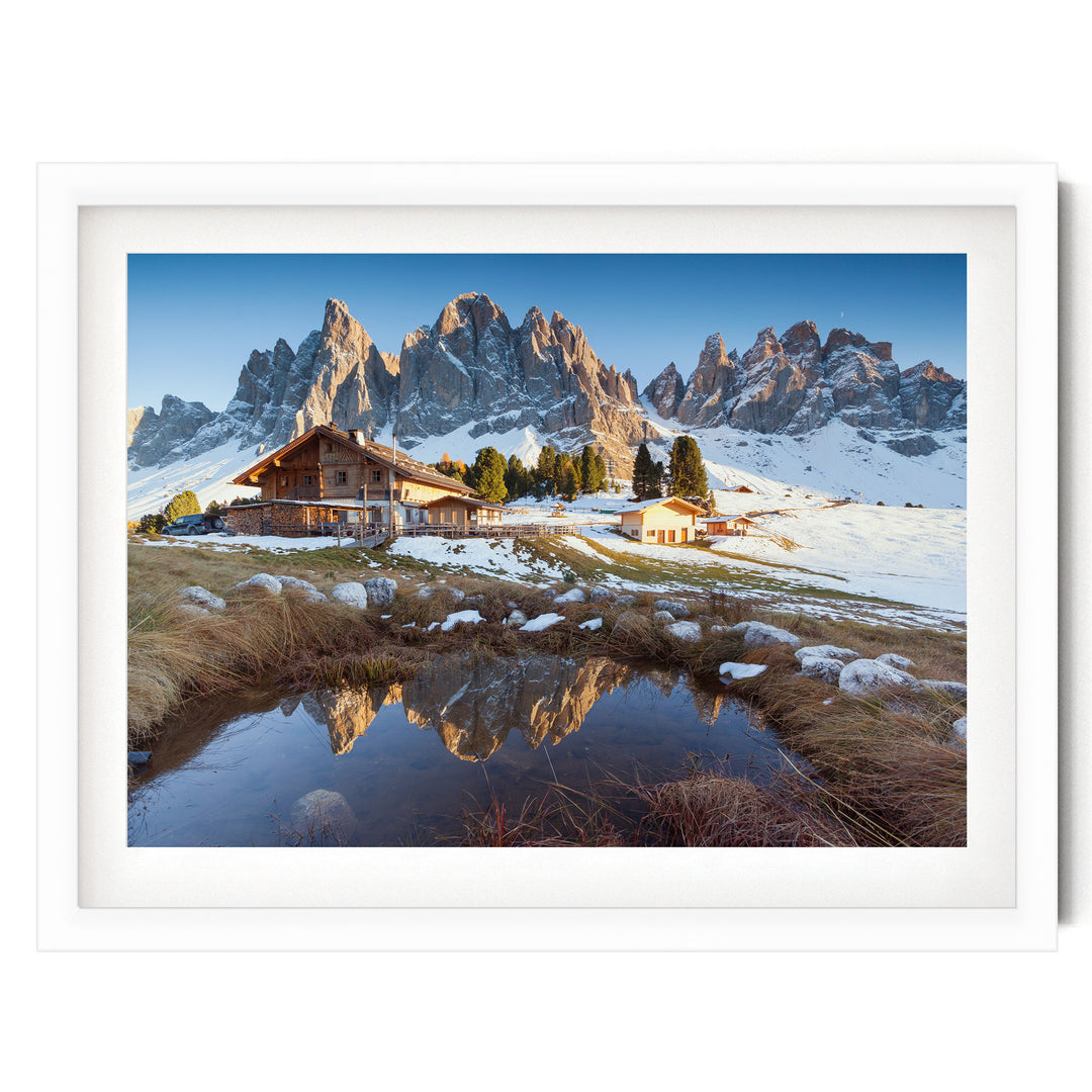 Mountain Hut, Dolomites, Italy – fine art print in a white frame with white mat