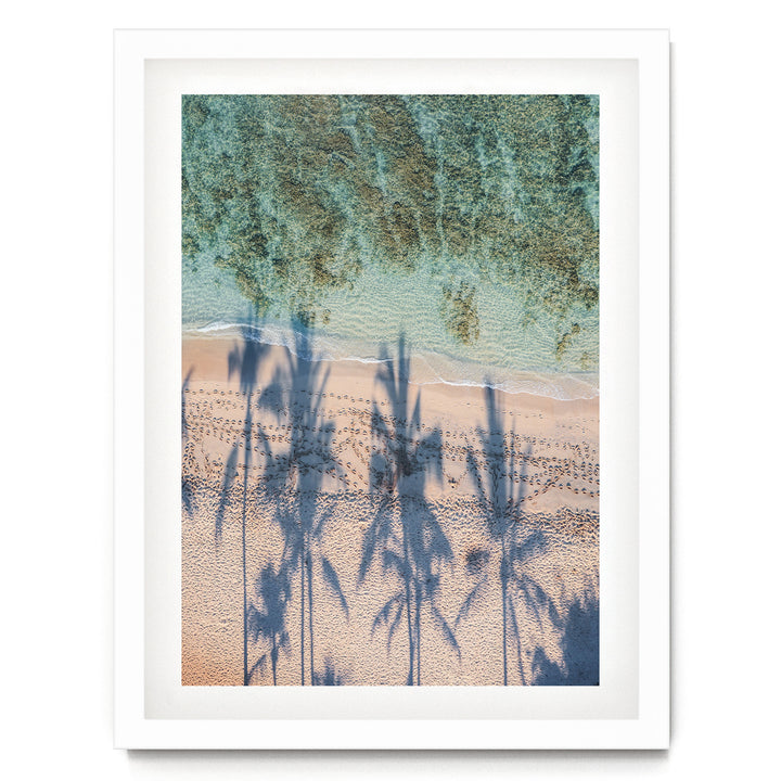 Palm Trees and Beach, Waikiki, Hawaii – fine art print in a white frame with white mat