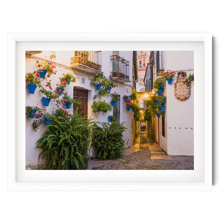 Flower Alley, Córdoba II, Spain – fine art print in a white frame with white mat