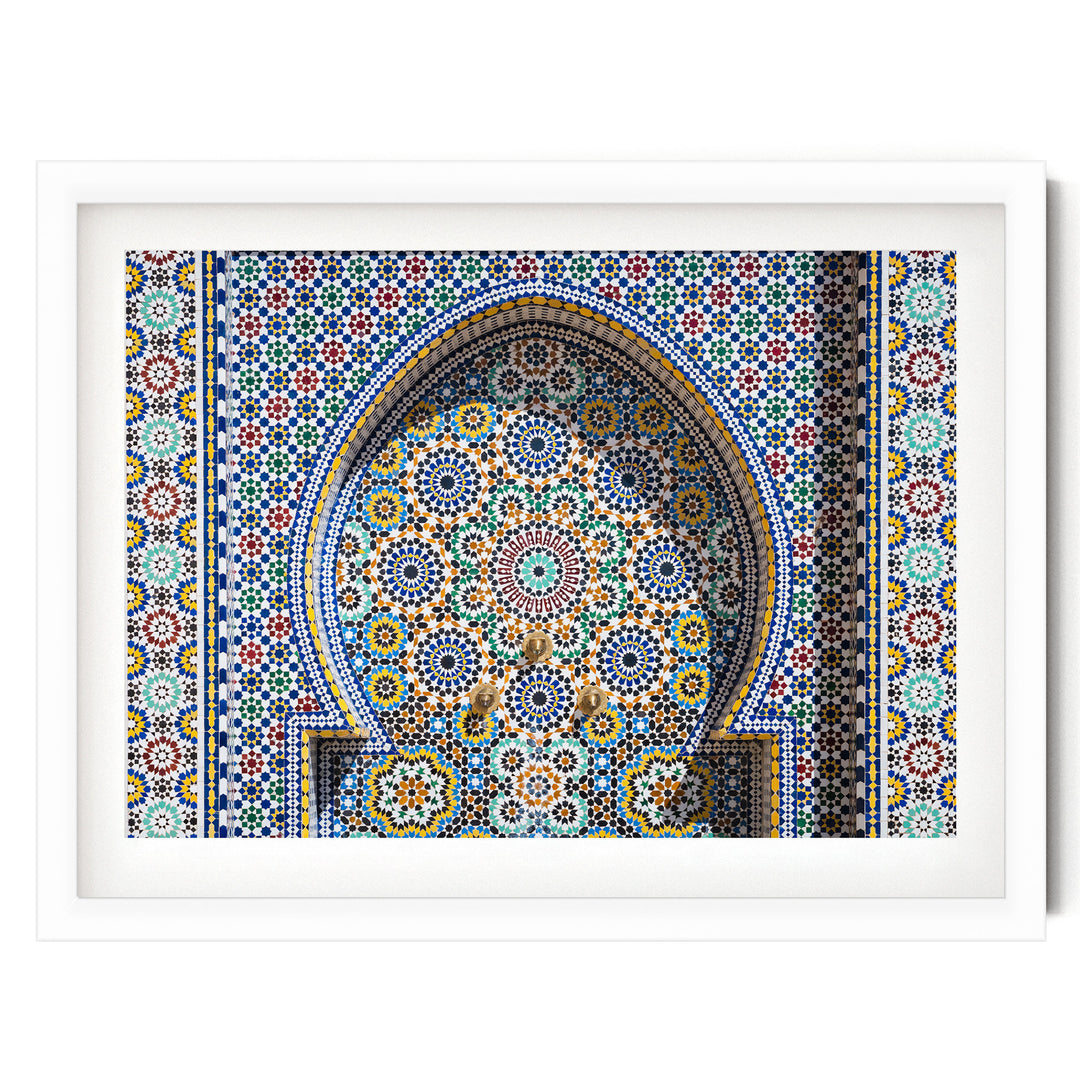 Mosaic Fountain II, Meknes, Morocco – fine art print in a white frame with white mat