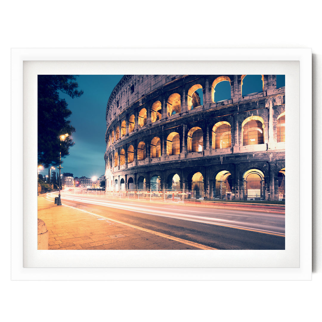 Night at the Colosseum, Rome, Italy – fine art print in a white frame with white mat
