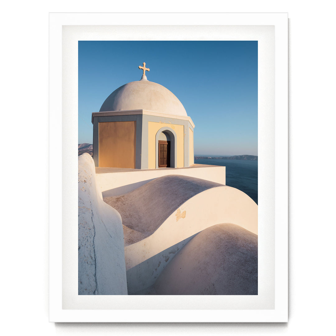 Greek Church, Santorini, Greece – fine art print in a white frame with white mat