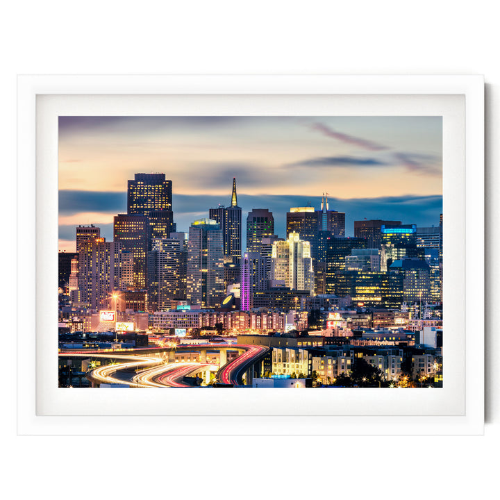 San Francisco Skyline at Night, California – fine art print in a white frame with white mat