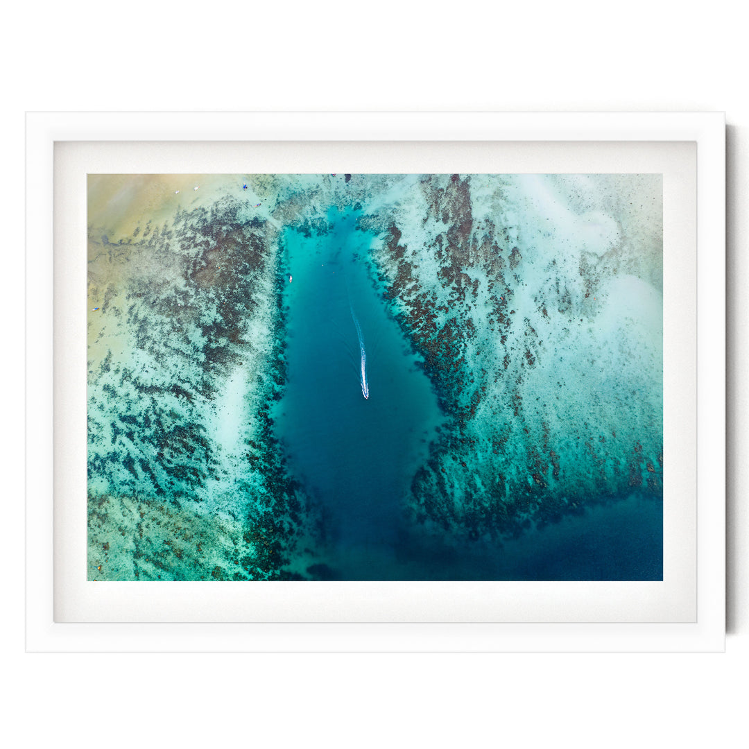 Tropical Sea Aerial, South-East Asia – fine art print in a white frame with white mat