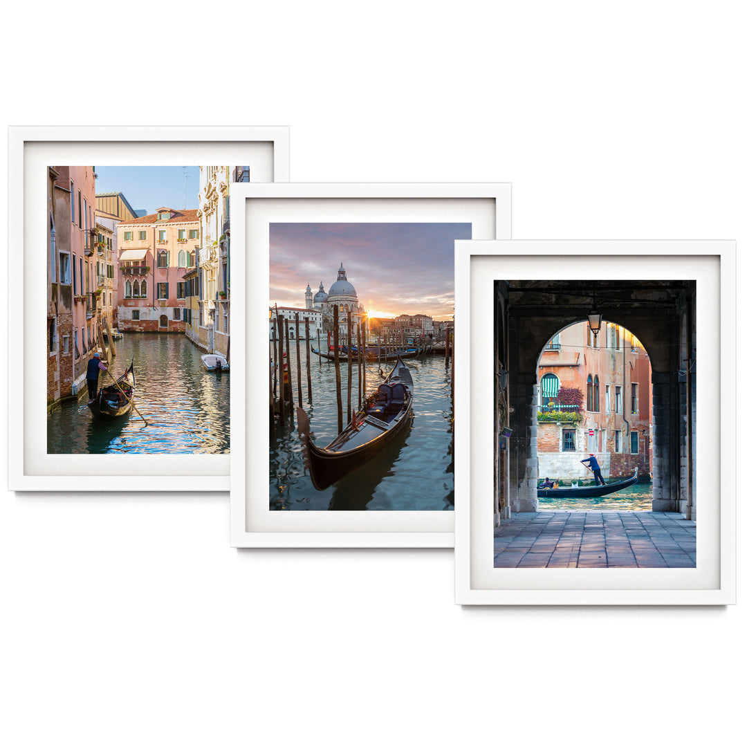 Venice Gondolas, Italy – Print Set – fine art print set in white frames with white mats