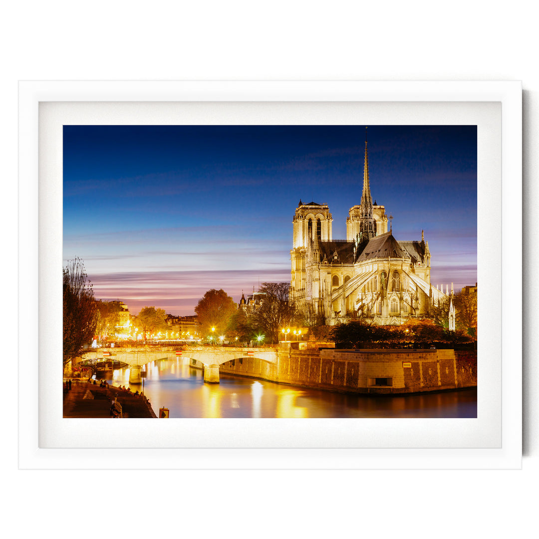 Notre-Dame at Night, Paris, France – fine art print in a white frame with white mat