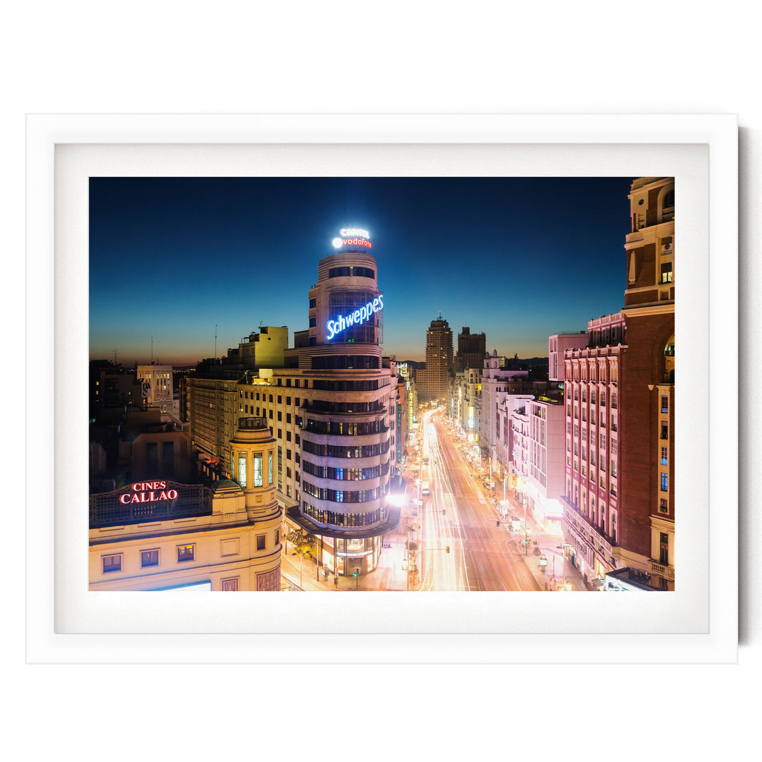 Night in Madrid, Spain – fine art print in a white frame with white mat